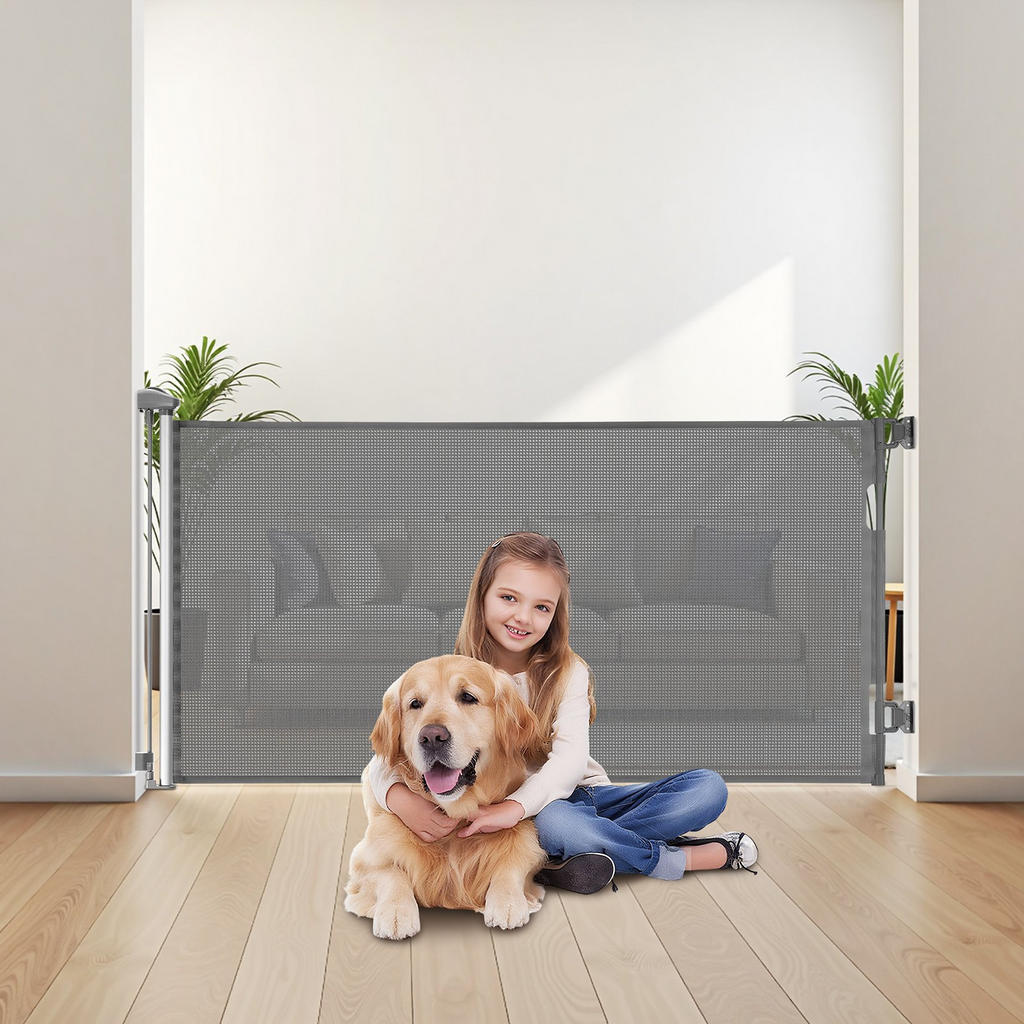 Glamorous Pups : VEVOR Retractable Baby & Pet Gate | 72.8” Wide x 31.3” Tall Mesh Safety Barrier with Security Lock – Gray
