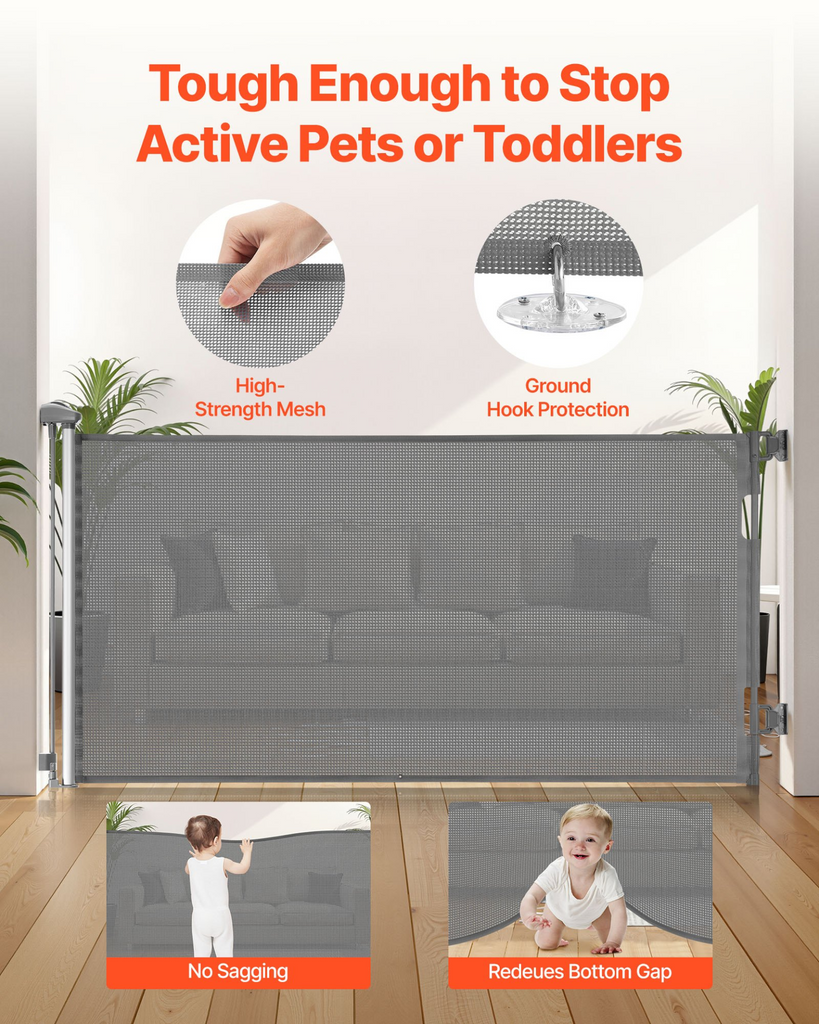 Glamorous Pups : VEVOR Retractable Baby & Pet Gate | 56.3” Wide x 31.3” Tall Mesh Safety Gate with One-Hand Lock & No-Trip Design – Gray
