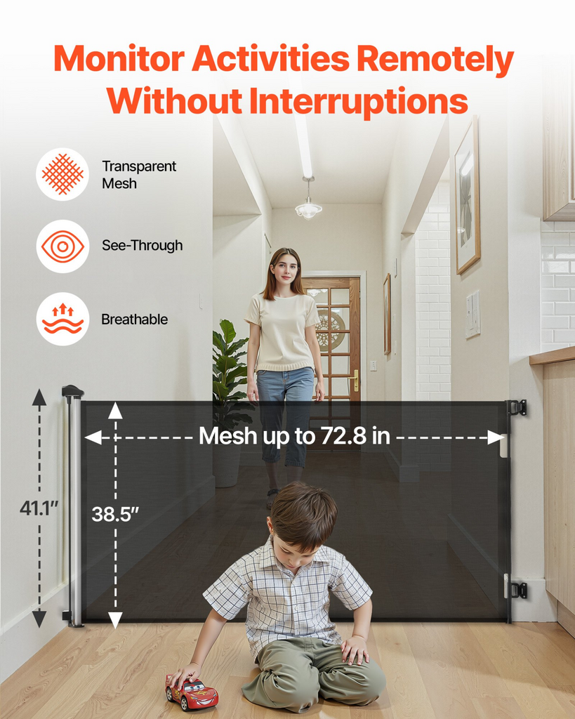 Glamorous Pups : VEVOR Retractable Baby & Pet Gate | 72.8” Wide x 38.5” Tall Mesh Safety Barrier with One-Hand Lock – Black