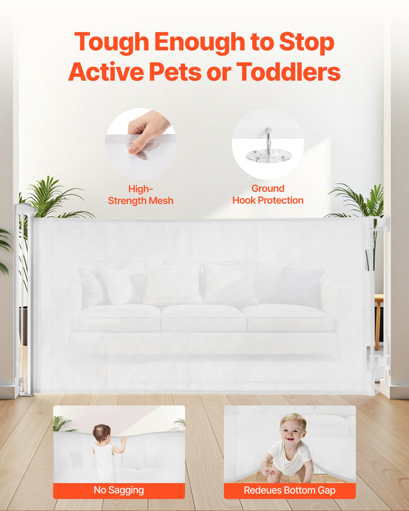 Glamorous Pups : VEVOR Retractable Baby & Pet Gate | 72.8” Wide x 31.3” Tall Mesh Safety Barrier with Lock – White Indoor/Outdoor Walk-Through Gate for Stairs & Hallways