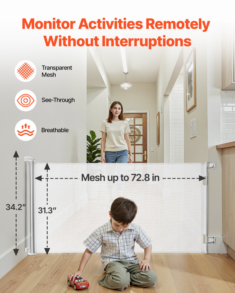Glamorous Pups : VEVOR Retractable Baby & Pet Gate | 72.8” Wide x 31.3” Tall Mesh Safety Barrier with Lock – White Indoor/Outdoor Walk-Through Gate for Stairs & Hallways
