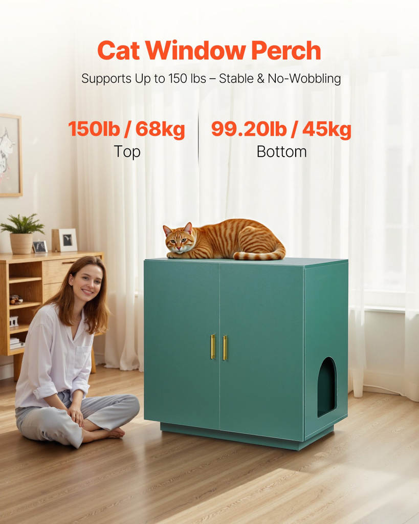 Glamorous Pups : VEVOR Cat Litter Box Enclosure – 31.5" Hidden Litter Box Cabinet | Wooden Indoor Cat Washroom with Ventilated Holes & Double Doors, Modern Pet Furniture End Table (Dark Green & Gold)