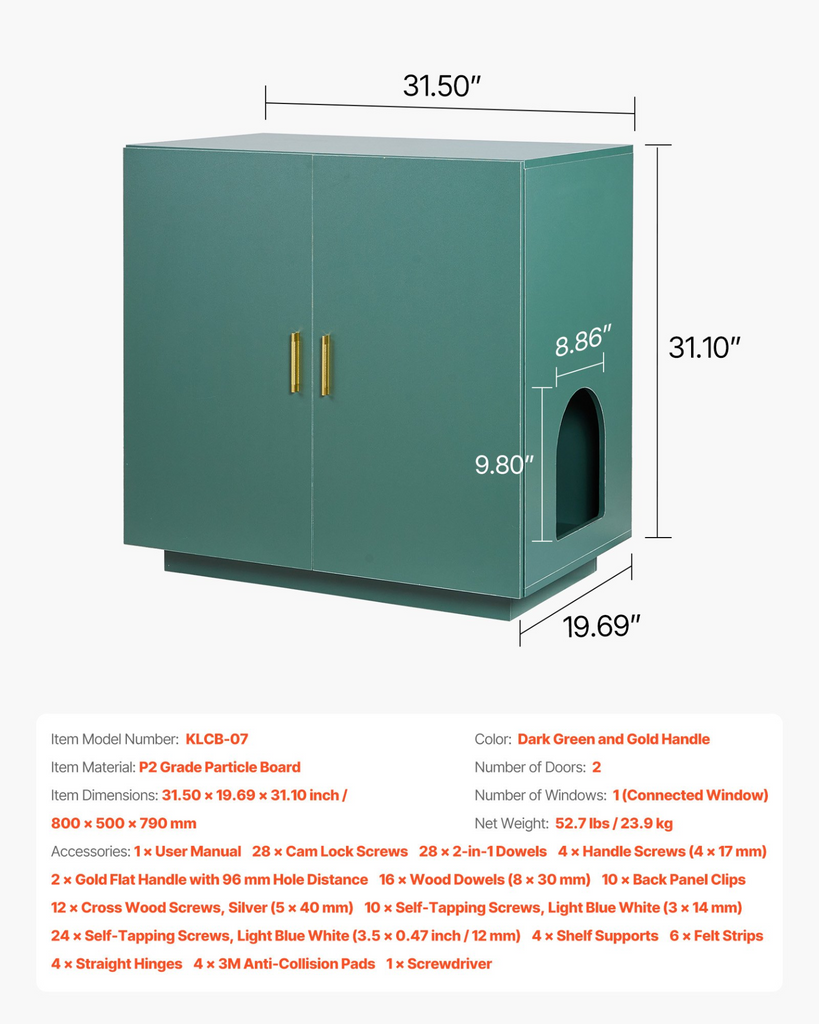 Glamorous Pups : VEVOR Cat Litter Box Enclosure – 31.5" Hidden Litter Box Cabinet | Wooden Indoor Cat Washroom with Ventilated Holes & Double Doors, Modern Pet Furniture End Table (Dark Green & Gold)