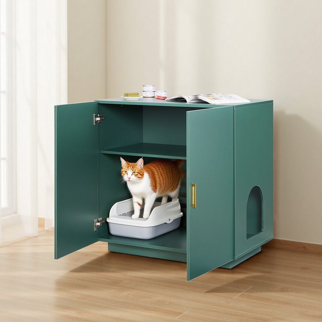 Glamorous Pups : VEVOR Cat Litter Box Enclosure – 31.5" Hidden Litter Box Cabinet | Wooden Indoor Cat Washroom with Ventilated Holes & Double Doors, Modern Pet Furniture End Table (Dark Green & Gold)