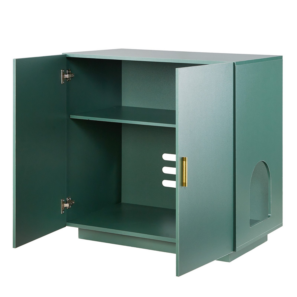 Glamorous Pups : VEVOR Cat Litter Box Enclosure – 31.5" Hidden Litter Box Cabinet | Wooden Indoor Cat Washroom with Ventilated Holes & Double Doors, Modern Pet Furniture End Table (Dark Green & Gold)