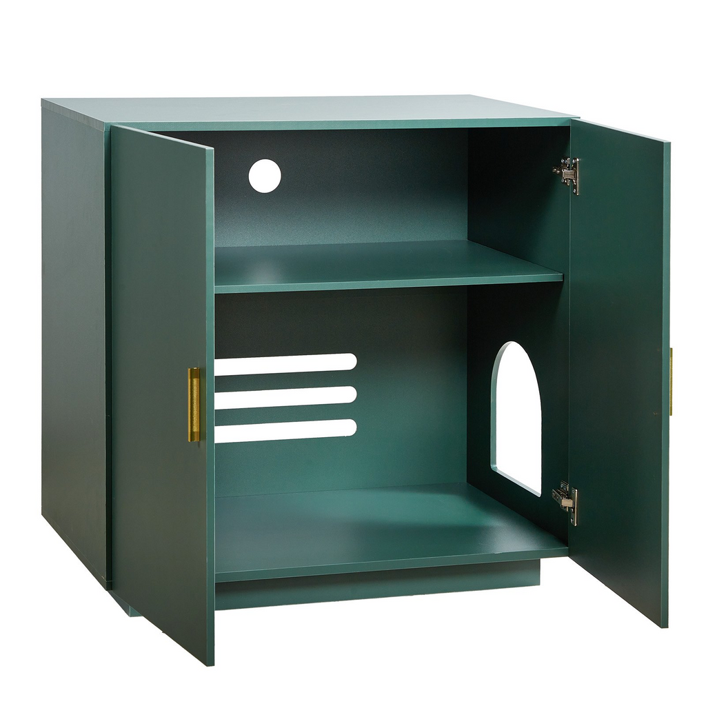 Glamorous Pups : VEVOR Cat Litter Box Enclosure – 31.5" Hidden Litter Box Cabinet | Wooden Indoor Cat Washroom with Ventilated Holes & Double Doors, Modern Pet Furniture End Table (Dark Green & Gold)