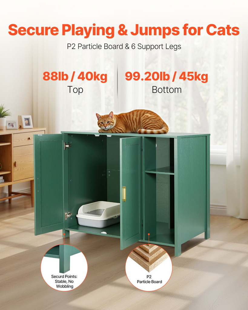 Glamorous Pups : VEVOR Cat Litter Robot Enclosure – 41.3" Self-Cleaning Litter Box Cabinet with Drawer, Divider & Built-in Power Outlet | Fits Most Automatic Litter Boxes (Dark Green + Gold Handles)