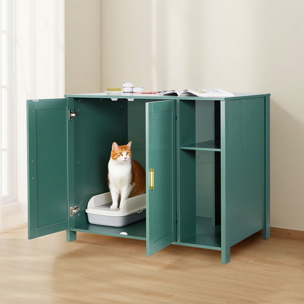 Glamorous Pups : VEVOR Cat Litter Robot Enclosure – 41.3" Self-Cleaning Litter Box Cabinet with Drawer, Divider & Built-in Power Outlet | Fits Most Automatic Litter Boxes (Dark Green + Gold Handles)