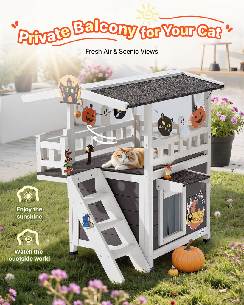 Glamorous Pups : VEVOR Outdoor Cat House – 2-Story Wooden Cat Shelter with Stairs & Balcony | Elevated Feral Kitty Condo for Indoor & Outdoor Use, Waterproof Winter Cat Home 30" x 22" x 30" (White & Gray)