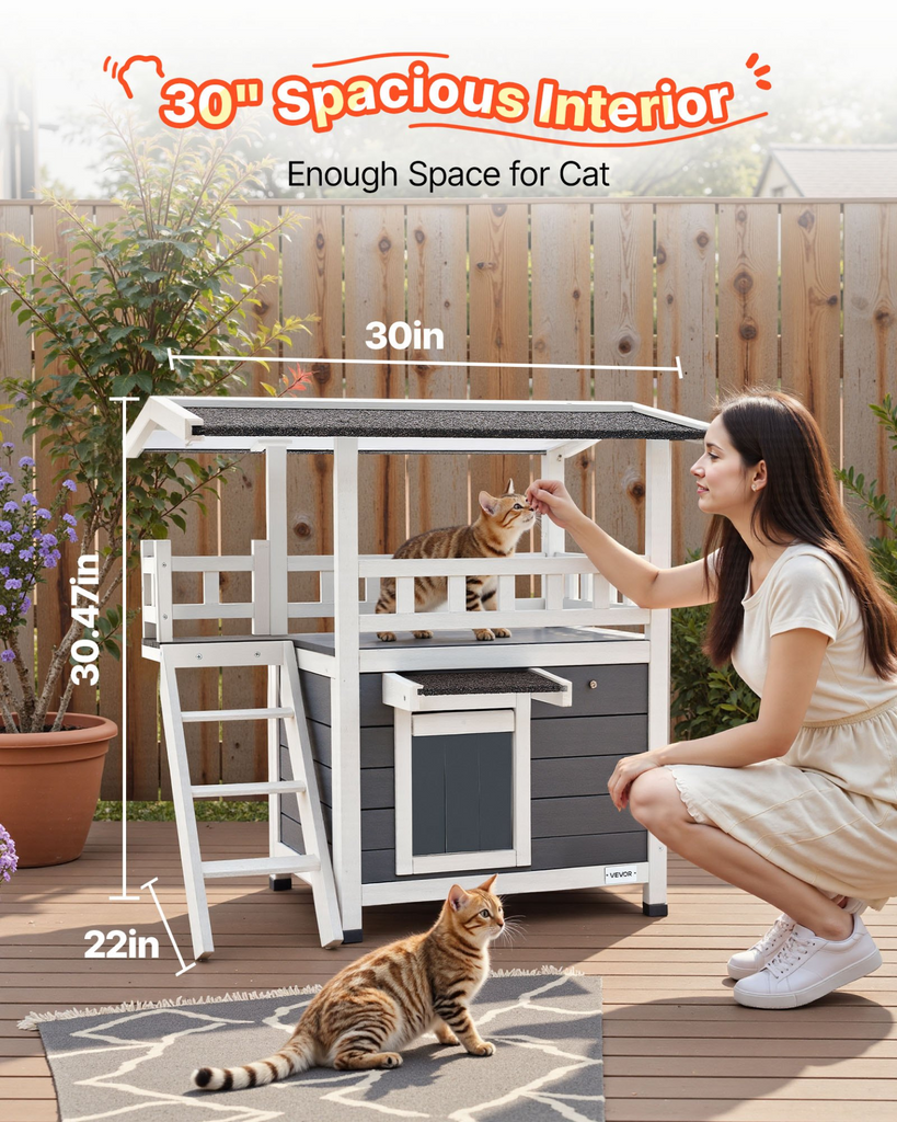 Glamorous Pups : VEVOR Outdoor Cat House – 2-Story Wooden Cat Shelter with Stairs & Balcony | Elevated Feral Kitty Condo for Indoor & Outdoor Use, Waterproof Winter Cat Home 30" x 22" x 30" (White & Gray)