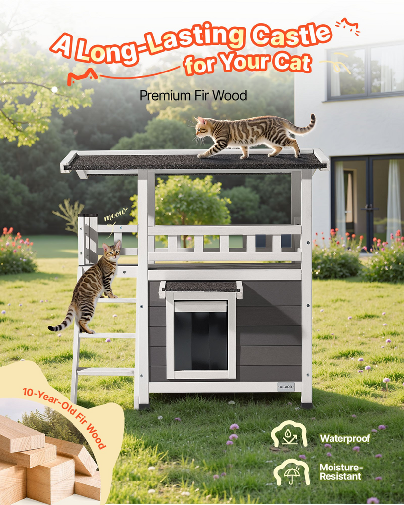 Glamorous Pups : VEVOR Outdoor Cat House – 2-Story Wooden Cat Shelter with Stairs & Balcony | Elevated Feral Kitty Condo for Indoor & Outdoor Use, Waterproof Winter Cat Home 30" x 22" x 30" (White & Gray)