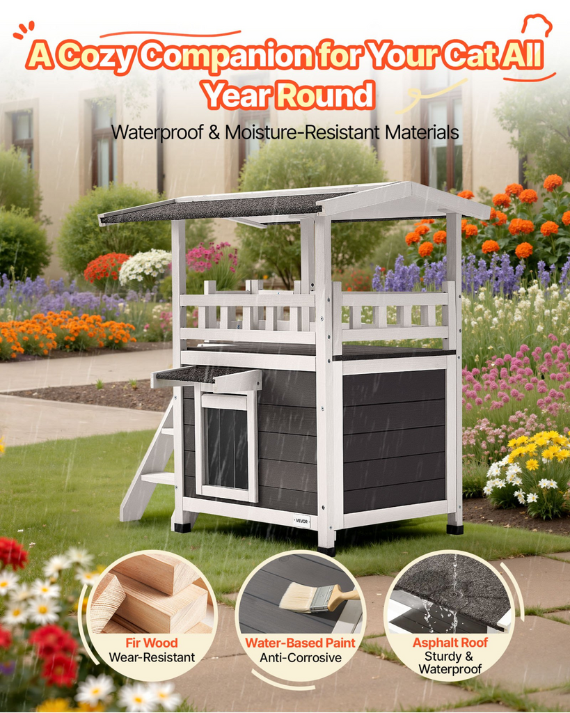 Glamorous Pups : VEVOR Outdoor Cat House – 2-Story Wooden Cat Shelter with Stairs & Balcony | Elevated Feral Kitty Condo for Indoor & Outdoor Use, Waterproof Winter Cat Home 30" x 22" x 30" (White & Gray)
