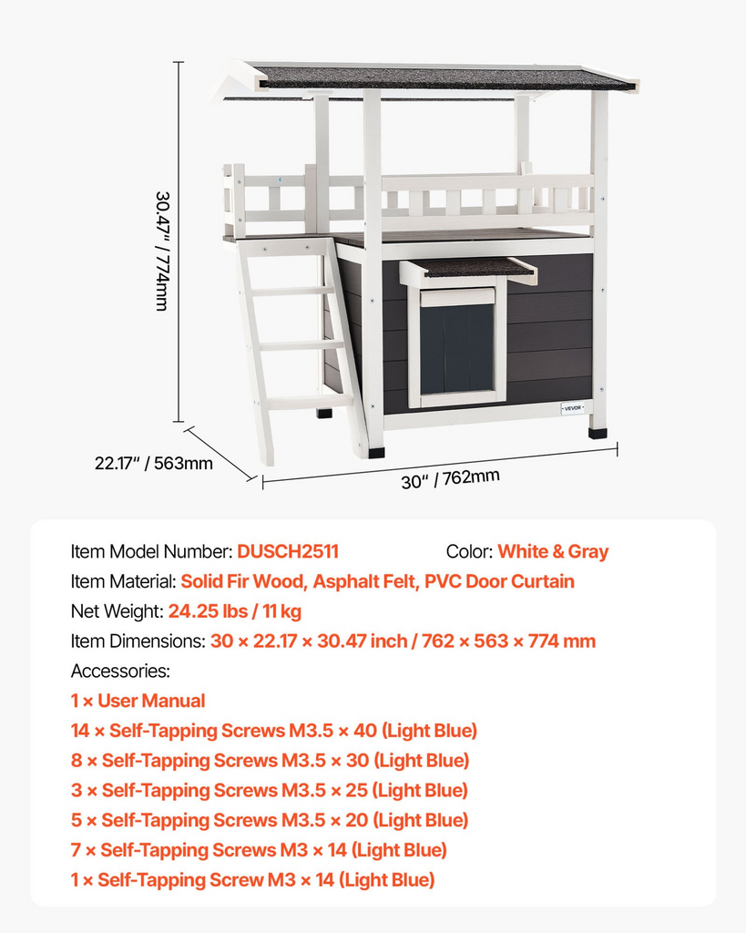 Glamorous Pups : VEVOR Outdoor Cat House – 2-Story Wooden Cat Shelter with Stairs & Balcony | Elevated Feral Kitty Condo for Indoor & Outdoor Use, Waterproof Winter Cat Home 30" x 22" x 30" (White & Gray)
