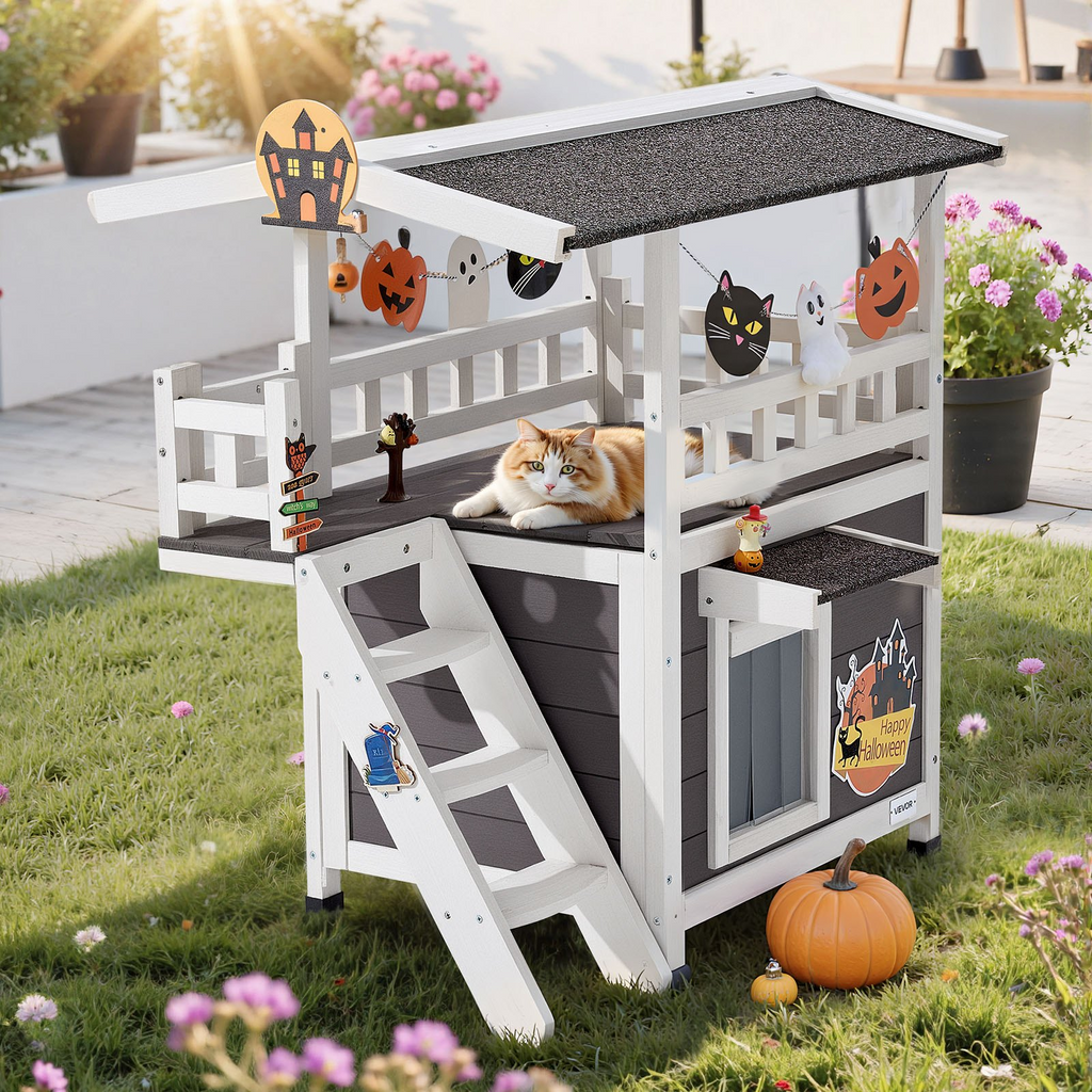 Glamorous Pups : VEVOR Outdoor Cat House – 2-Story Wooden Cat Shelter with Stairs & Balcony | Elevated Feral Kitty Condo for Indoor & Outdoor Use, Waterproof Winter Cat Home 30" x 22" x 30" (White & Gray)