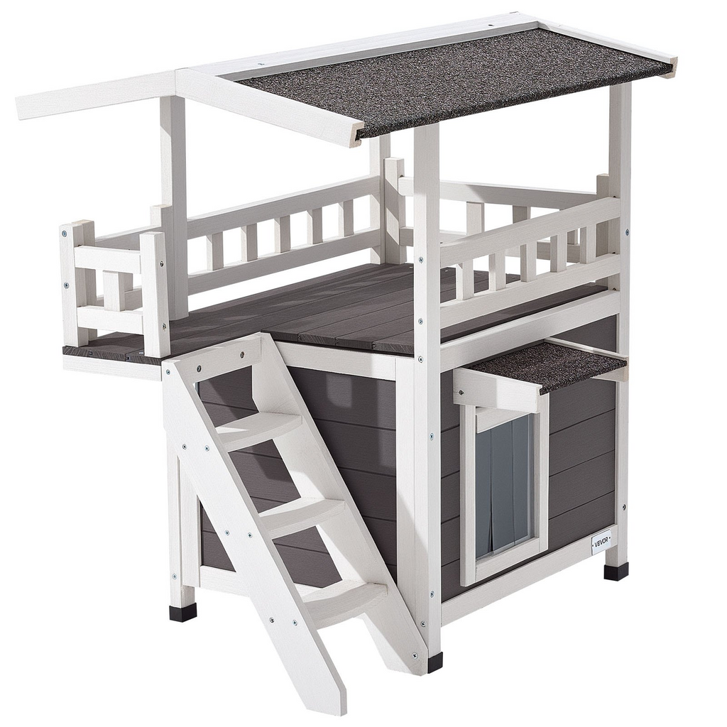 Glamorous Pups : VEVOR Outdoor Cat House – 2-Story Wooden Cat Shelter with Stairs & Balcony | Elevated Feral Kitty Condo for Indoor & Outdoor Use, Waterproof Winter Cat Home 30" x 22" x 30" (White & Gray)