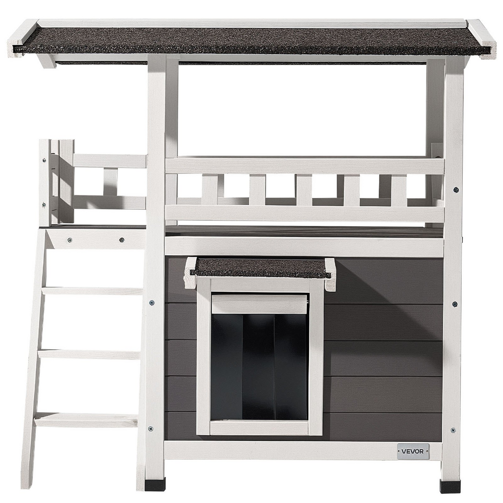 Glamorous Pups : VEVOR Outdoor Cat House – 2-Story Wooden Cat Shelter with Stairs & Balcony | Elevated Feral Kitty Condo for Indoor & Outdoor Use, Waterproof Winter Cat Home 30" x 22" x 30" (White & Gray)