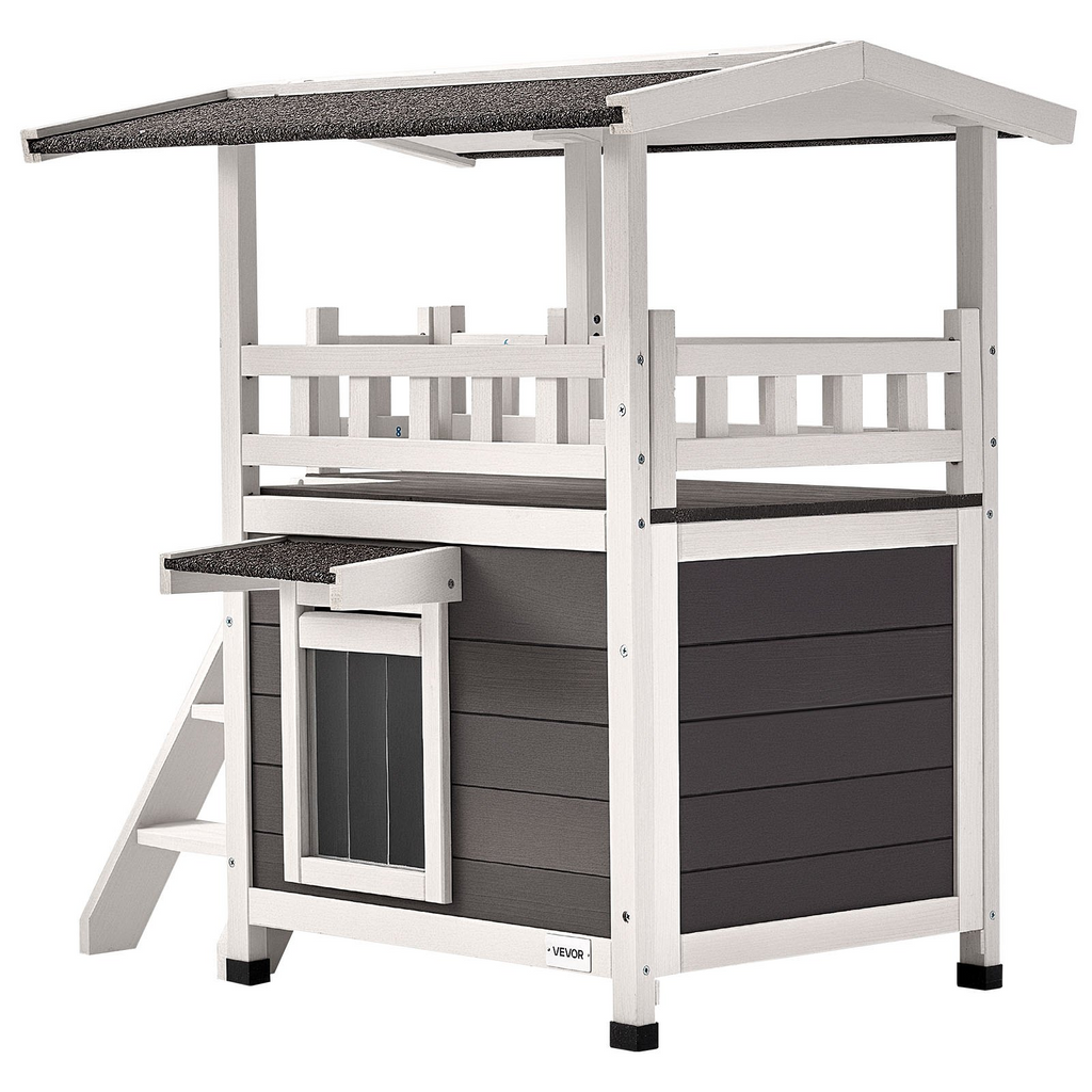 Glamorous Pups : VEVOR Outdoor Cat House – 2-Story Wooden Cat Shelter with Stairs & Balcony | Elevated Feral Kitty Condo for Indoor & Outdoor Use, Waterproof Winter Cat Home 30" x 22" x 30" (White & Gray)