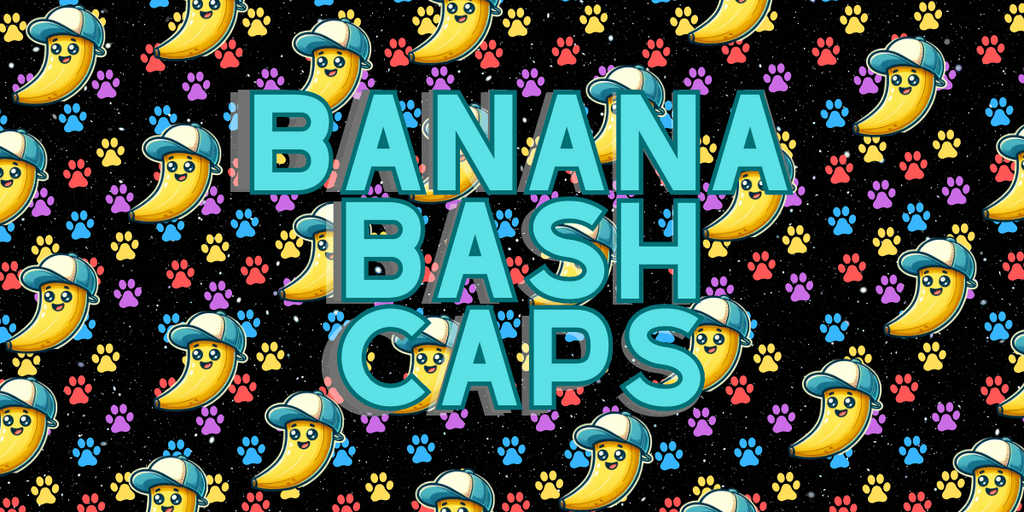 Vibrant promotional banner for Banana Bash Caps Dog Treats by Glamorous Pups, featuring playful cartoon bananas wearing caps against a starry night background, sprinkled with colorful paw prints. This eye-catching design highlights the fun and delicious treats from Glamorous Pups, perfect for dog lovers looking for festive and tasty snacks for their pets.