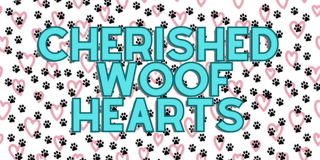 Vibrant promotional graphic for 'Cherished Woof Hearts' specialty dog treats by Glamorous Pups. The image features the product name in bold teal letters, surrounded by a playful background of black and pink paw prints and hearts, emphasizing pet care and love, perfect for dog owners looking for quality, fun treats.