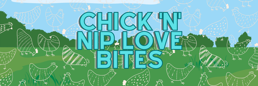Promotional banner for Chick 'N' Nip Love Bites Cat Treats by Glamorous Pups featuring playful chicken and catnip illustrations on a vibrant green background, emphasizing the all-natural ingredients and fun theme of this premium cat treat.