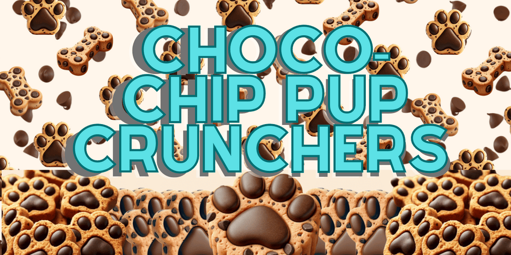 Vibrant promotional image for Choco-Chip Pup Crunchers Dog Treats by Glamorous Pups, featuring carob chips and playful bone-shaped treats with paw prints, ideal for owners looking to spoil their pets with delicious, high-quality snacks.