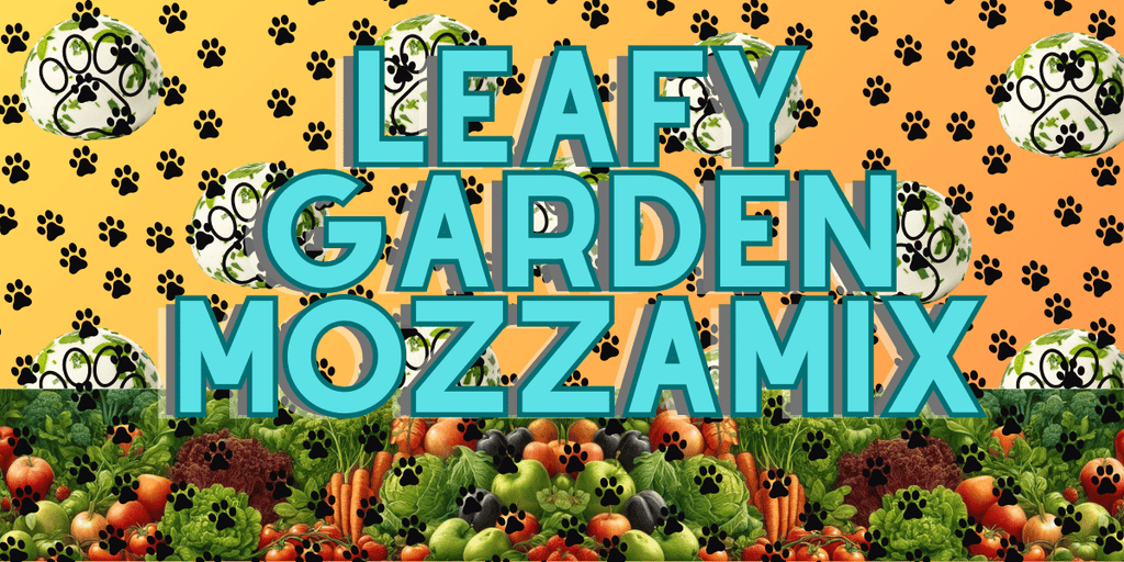 Vibrant promotional graphic for Leafy Garden MozzaMix Dog Treats by Glamorous Pups, featuring an eye-catching backdrop of lush vegetables and fruits, underscored by a playful pattern of paw prints. The image highlights the product name in bold, colorful letters, emphasizing the natural, garden-fresh appeal of these unique dog treats.