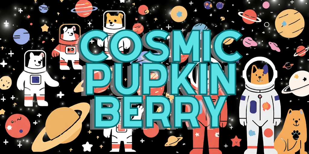 Vibrant promotional graphic for Cosmic Pupkin Berry Dog Treats by Glamorous Pups, featuring cartoon dogs in astronaut suits against a space-themed backdrop with planets and stars. This playful image highlights the adventurous spirit of the product line, enticing dog owners to treat their pets with these uniquely themed, nutritious snacks.