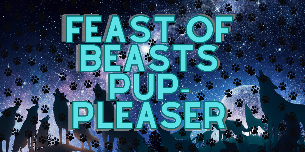 Promotional graphic for Feast of Beasts Pup-Pleaser Dog Treats by Glamorous Pups, featuring a starry night sky with silhouettes of dogs, ideal for attracting pet owners searching for premium, nutritious dog treats that capture the adventurous spirit of their pets.