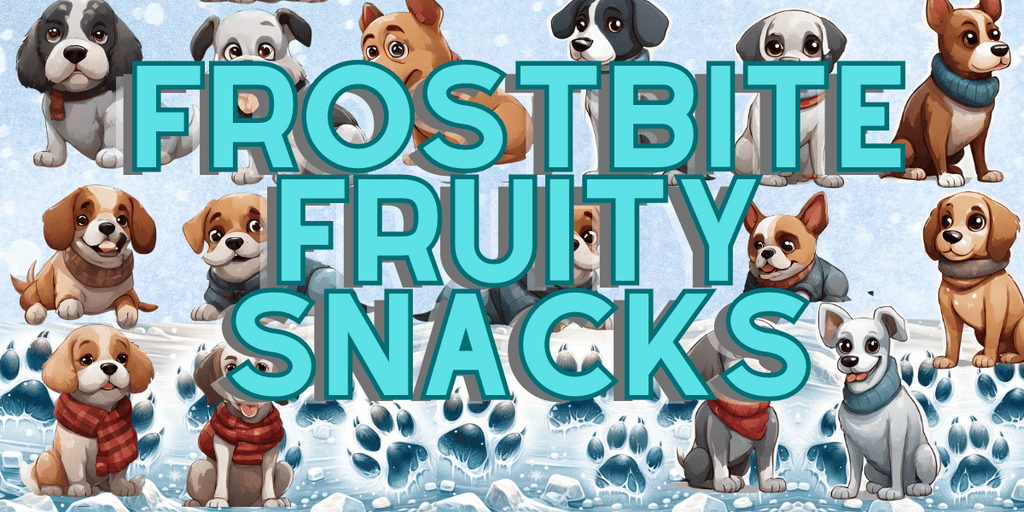 Playful and adorable illustration of various dog breeds in winter attire, promoting Frostbite Fruity Snacks by Glamorous Pups. Each dog showcases a winter-ready look, emphasizing the delightful and healthy treats perfect for pet owners looking to provide their furry friends with nutritious snacks during colder seasons.