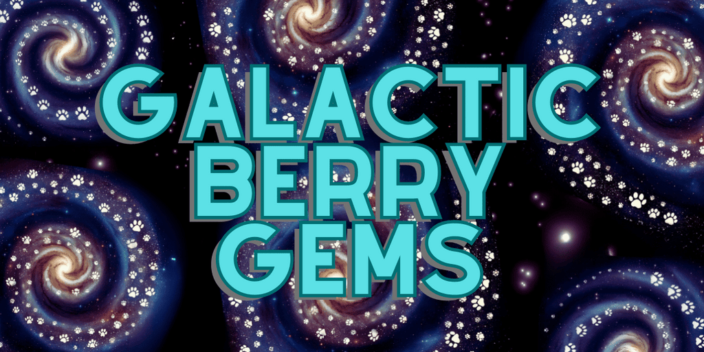 Promotional graphic for Galactic Berry Gems Dog Treats by Glamorous Pups, featuring cosmic-themed visuals with swirling galaxies and stars, emphasizing the unique, universe-inspired branding. The image perfectly encapsulates the out-of-this-world quality of these berry-flavored treats, available exclusively from Glamorous Pups.