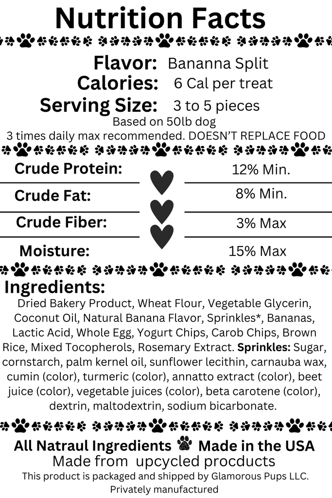 Nutritional facts label for Banana Bash Caps Dog Treats by Glamorous Pups. Each low-calorie treat is packed with natural ingredients like dried bakery product, wheat flour, natural banana flavor, and bananas, highlighted by a commitment to all-natural ingredients and made in the USA. This label ensures dog owners are well-informed about the quality and content of these healthy dog treats from Glamorous Pups.