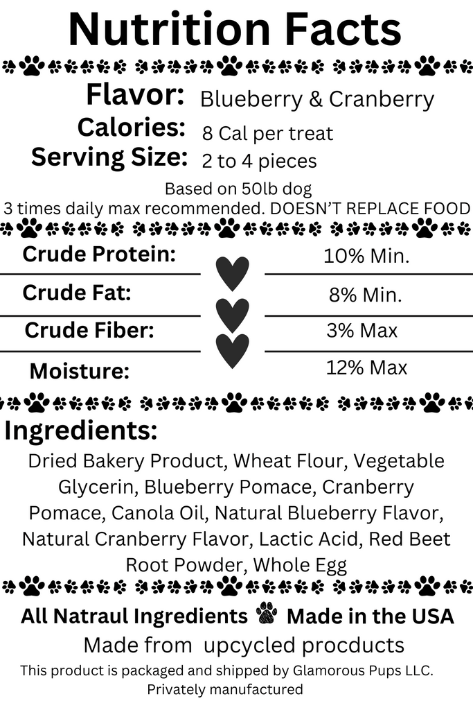 Nutrition facts label for Galactic Berry Gems Dog Treats by Glamorous Pups, highlighting key ingredients like blueberry and cranberry pomace, natural flavors, and essential nutrients. Each treat contains only 8 calories and is crafted with all-natural ingredients, promoting a healthy snack for dogs, proudly made in the USA.