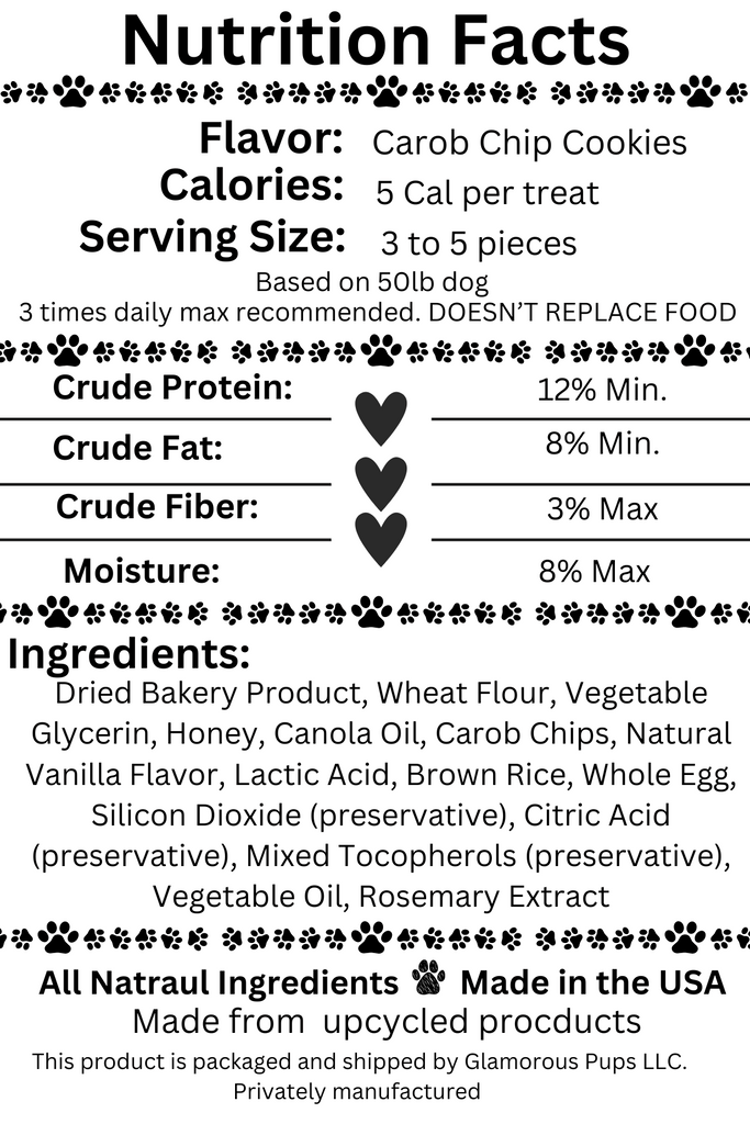 Nutrition label for Choco-Chip Pup Crunchers Dog Treats by Glamorous Pups, detailing the low-calorie, carob-based formulation with natural ingredients and vitamins, ideal for maintaining dog health and happiness, packaged sustainably by Glamorous Pups in the USA.