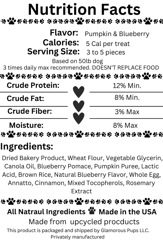 Nutritional facts label for Cosmic Pupkin Berry Dog Treats by Glamorous Pups, detailing a premium blend of all-natural ingredients like pumpkin, blueberry, and whole wheat. Each treat contains only 5 calories and is rich in proteins and fibers, designed to support the health and well-being of dogs. Made in the USA with upcycled products, these treats are ideal for environmentally conscious pet owners looking to provide nutritious snacks for their dogs.