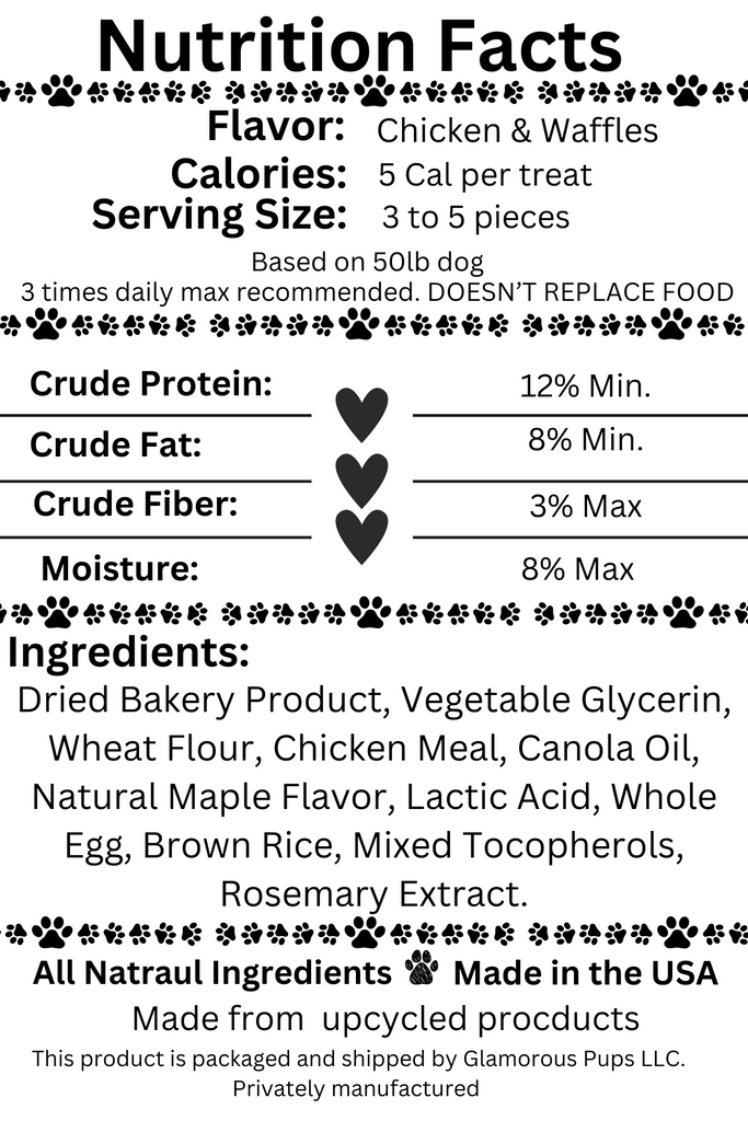 Nutrition Facts label for Drumstick & Waffle Poppers Dog Treats by Glamorous Pups, detailing the flavor 'Chicken & Waffles' with 5 calories per treat. The label lists ingredients such as dried bakery product, wheat flour, chicken meal, and natural maple flavor, emphasizing the all-natural, made in the USA quality. Also highlighted are the sustainable practices with ingredients made from upcycled products, appealing to eco-conscious pet owners.