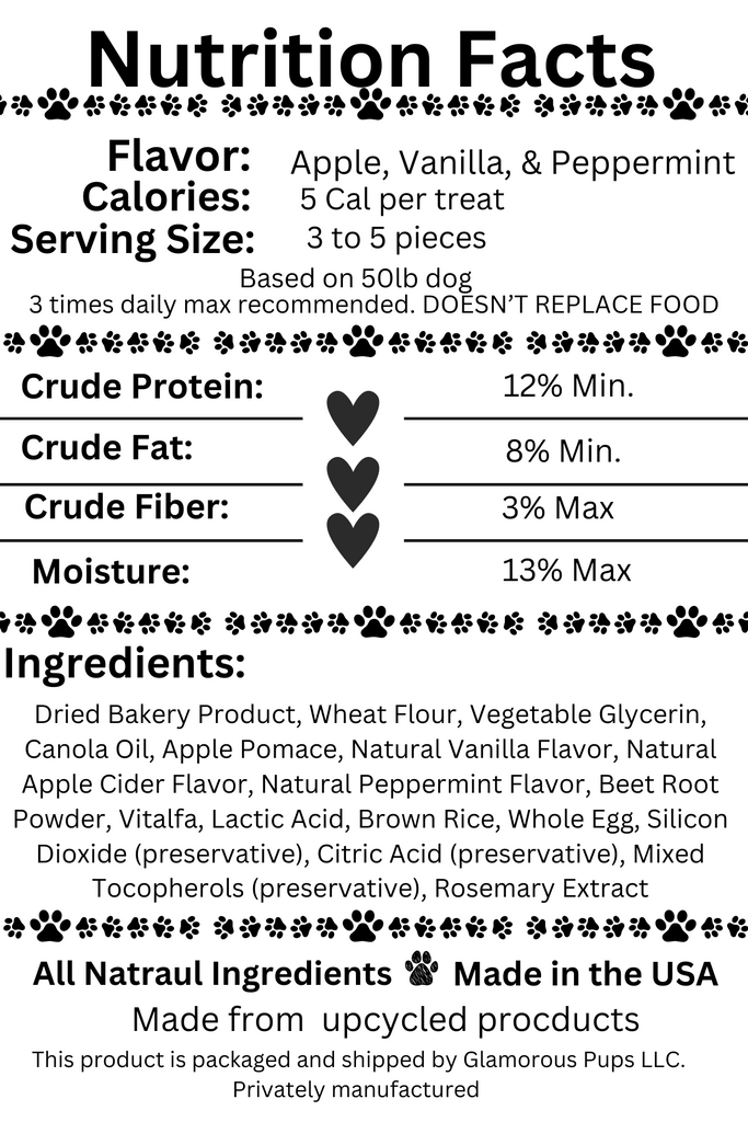 Nutrition Facts label for Frostbite Fruity Snacks Dog Treats by Glamorous Pups, featuring essential details like low-calorie count, high protein and natural ingredients such as apple, vanilla, and peppermint, emphasizing their health benefits and USA manufacturing.