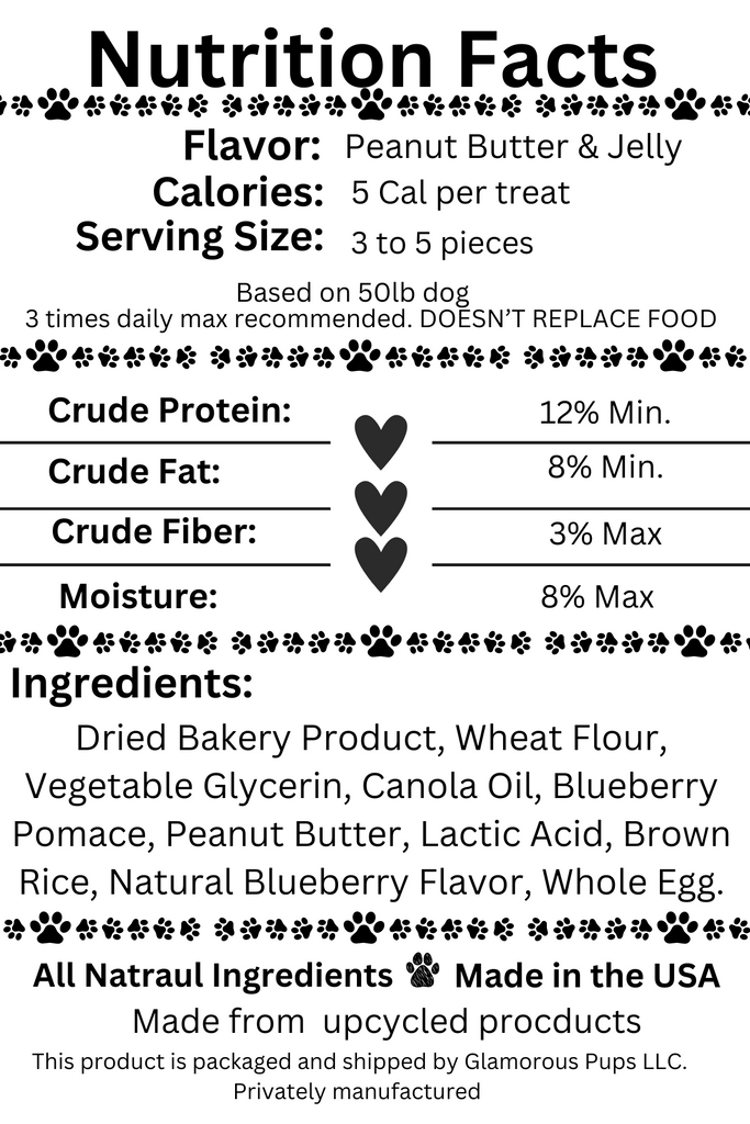 Nutrition facts label for Gentle Berry Bites by Glamorous Pups, detailing the dietary content including flavor, calories, and serving size, along with a minimum of 12% crude protein and 8% crude fat. Ingredients include dried bakery product, wheat flour, vegetable glycerin, and natural flavors like blueberry and peanut butter. Highlighted features include all-natural ingredients and manufacturing in the USA. Packaged by Glamorous Pups LLC, emphasizing quality and sustainability in pet nutrition.