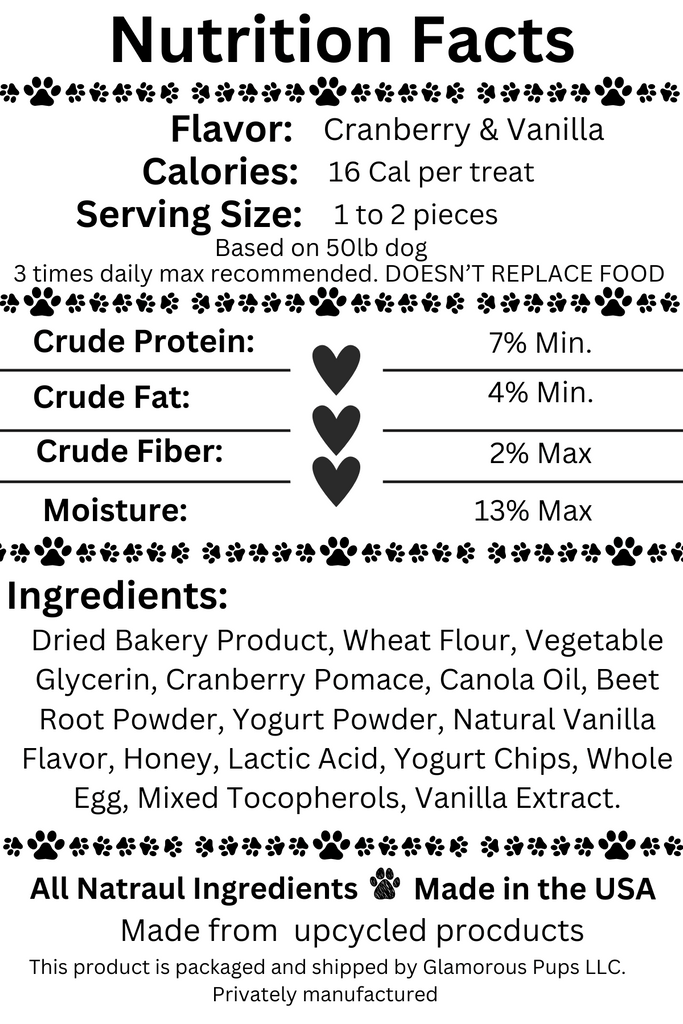 Nutrition facts label for Pup's Love Kisses Dog Treats by Glamorous Pups, featuring Cranberry & Vanilla flavors. Highlights include 16 calories per treat, natural ingredients, and a formulation rich in proteins and fibers, perfect for maintaining pet health. Proudly made in the USA with upcycled products.