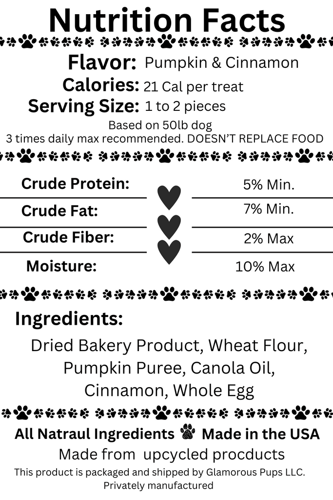 Nutrition facts label for Pupkin Patch Snacks Dog Treats by Glamorous Pups, detailing the healthy and natural ingredients like pumpkin and cinnamon, emphasizing the low-calorie content and all-natural, USA-made quality for optimal pet wellness.