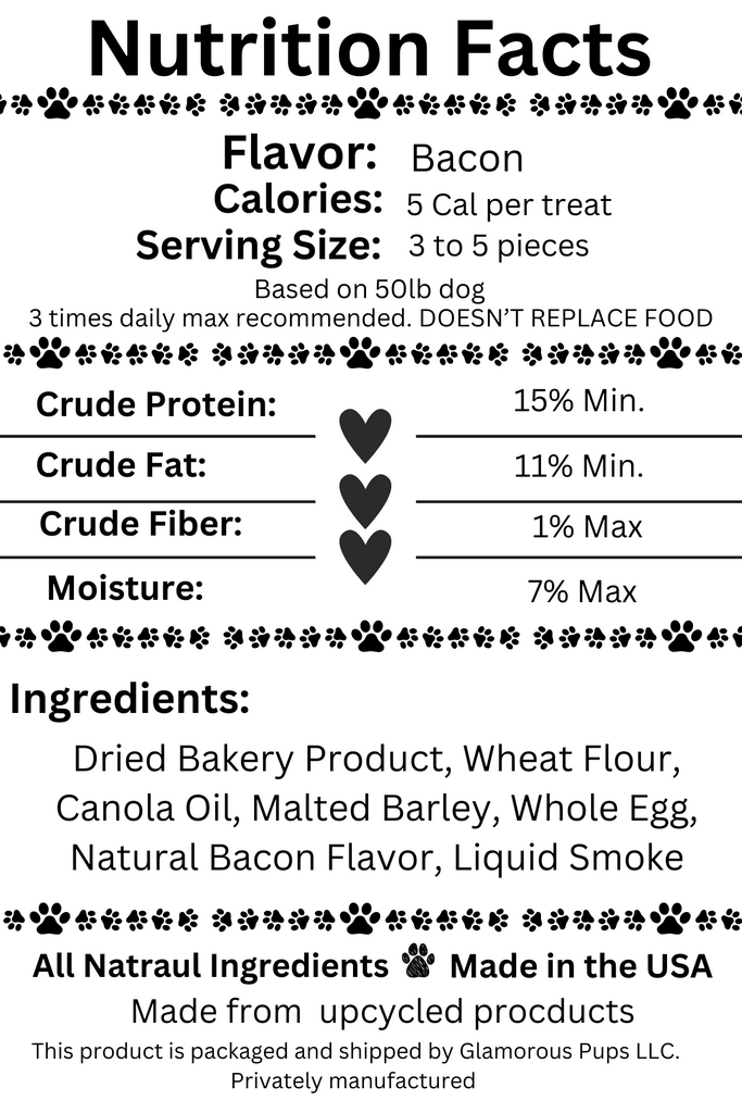 Nutrition Facts label for Savory Bacon Bliss Dog Treats by Glamorous Pups, detailing calorie content, serving size, and ingredients, emphasizing all-natural components and bacon flavor, proudly made in the USA by Glamorous Pups.