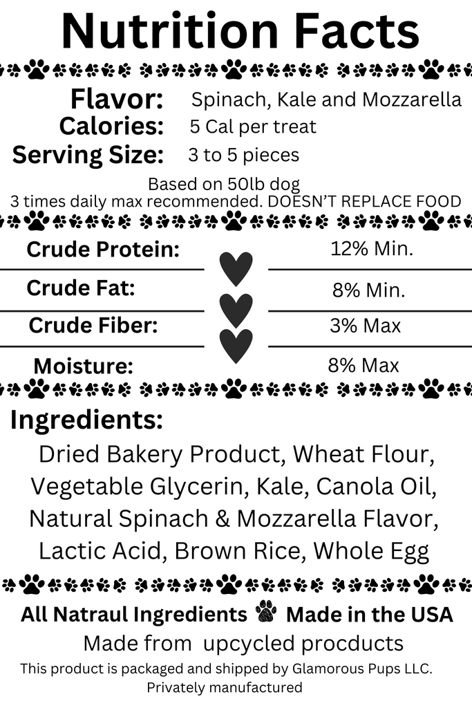 Nutrition facts label for Leafy Garden MozzaMix Dog Treats by Glamorous Pups, detailing the healthful blend of spinach, kale, and mozzarella. This label highlights the low-calorie content and rich nutritional profile, ideal for pet owners seeking wholesome, natural snacks for their dogs. The design includes paw print decorations and confirms the treats' all-natural ingredients and USA-made quality.