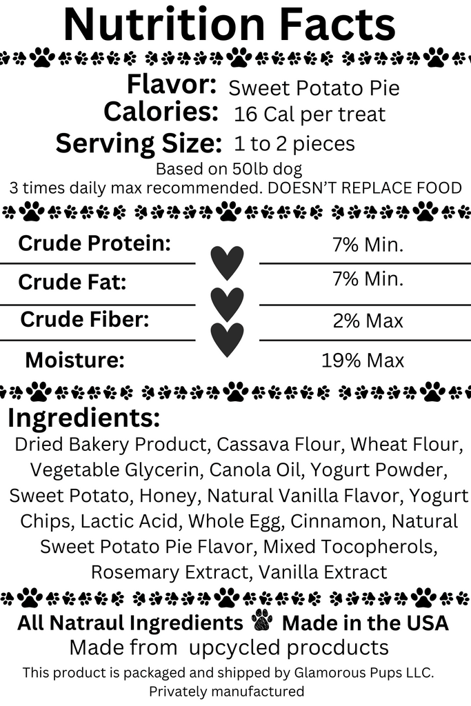 Nutrition Facts label for Sweet À La Mode Dog Treats by Glamorous Pups, featuring Sweet Potato Pie flavor with 16 calories per treat. This detailed label outlines the ingredients such as cassava flour, wheat flour, sweet potato, and natural vanilla flavor, emphasizing the all-natural and nutritious composition. Proudly made in the USA, these treats are packaged by Glamorous Pups, highlighting their commitment to quality and sustainability with upcycled products.