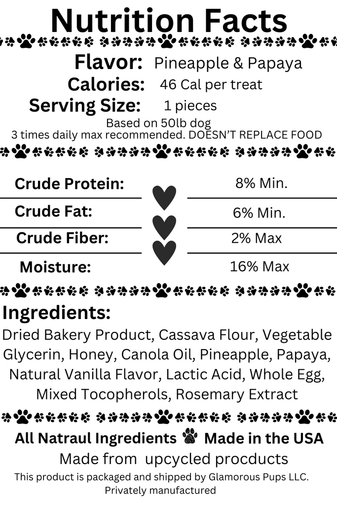 Detailed nutrition facts label for Tropical Pupaya Paradise Dog Treats by Glamorous Pups, featuring high protein and low-fat content. Each treat contains 46 calories and is made with natural ingredients like pineapple, papaya, cassava flour, and canola oil, highlighting their commitment to high-quality, nutritious snacks for dogs.