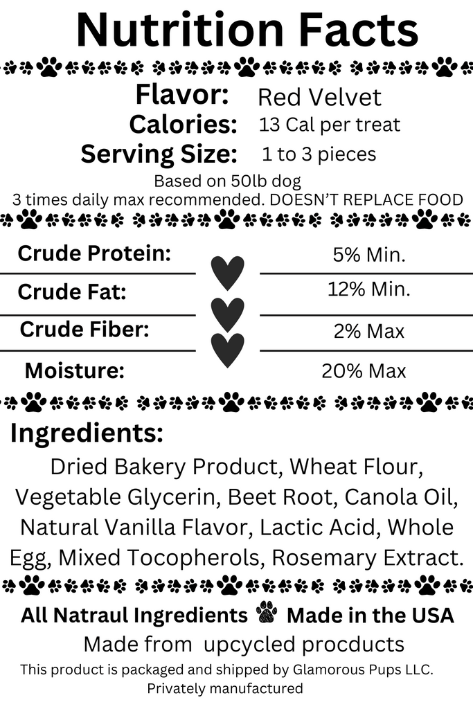 Nutrition facts label for Velvet Love Whispers Dog Treats by Glamorous Pups, featuring red velvet flavor with 13 calories per treat, and all natural, USA-made ingredients including beet root and rosemary extract, packaged sustainably by Glamorous Pups.