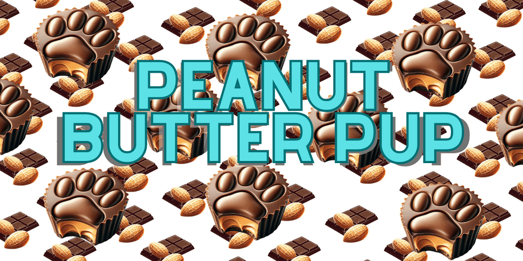 Vibrant marketing graphic for Peanut Butter Pup Dog Treats by Glamorous Pups, featuring paw-shaped treats covered in a chocolate imitation, surrounded by peanuts and carob chips, ideal for promoting gourmet, allergen-friendly snacks for dogs.