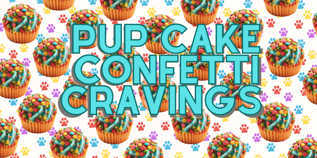 Vibrant promotional banner for Pup Cake Confetti Cravings Dog Treats by Glamorous Pups, featuring a colorful array of confetti-topped cupcakes against a background adorned with paw prints. The text 'Pup Cake Confetti Cravings' is prominently displayed in large, playful letters, emphasizing the fun and festive nature of these gourmet dog treats. This eye-catching design targets pet owners seeking unique, high-quality, and festive treats for their dogs, proudly made in the USA.