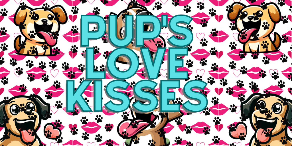 Colorful promotional banner for Pup's Love Kisses Dog Treats by Glamorous Pups featuring joyful cartoon dogs with vibrant pink hearts and paw prints background, ideal for attracting dog owners seeking nutritious, fun-shaped treats made with love and quality ingredients.