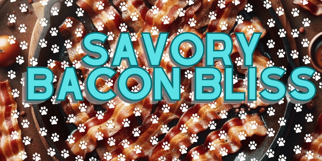 Promotional image for Savory Bacon Bliss Dog Treats by Glamorous Pups, featuring crispy bacon pieces and playful paw prints, highlighting the irresistible bacon flavor for dogs, available from Glamorous Pups.