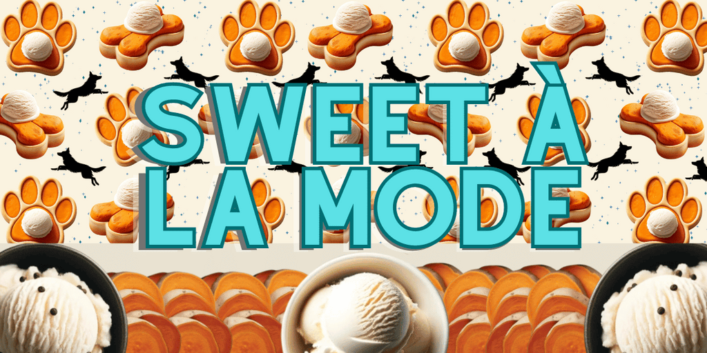 Promotional graphic for Sweet À La Mode Dog Treats by Glamorous Pups, featuring paw prints, bat silhouettes, and treats shaped like sweet potato pies with ice cream. The bold turquoise 'Sweet À La Mode' text and festive design highlight the gourmet, all-natural quality of these treats, emphasizing Glamorous Pups' commitment to innovative pet nutrition.