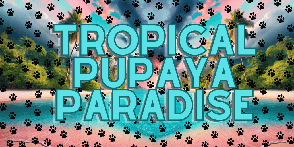 Vibrant promotional banner for Tropical Pupaya Paradise Dog Treats by Glamorous Pups, set against a lush tropical background with palm trees and a serene beach, overlaid with playful paw prints and the enticing text 'TROPICAL PUPAYA PARADISE', perfect for captivating pet owners searching for exotic, healthy dog treat options.